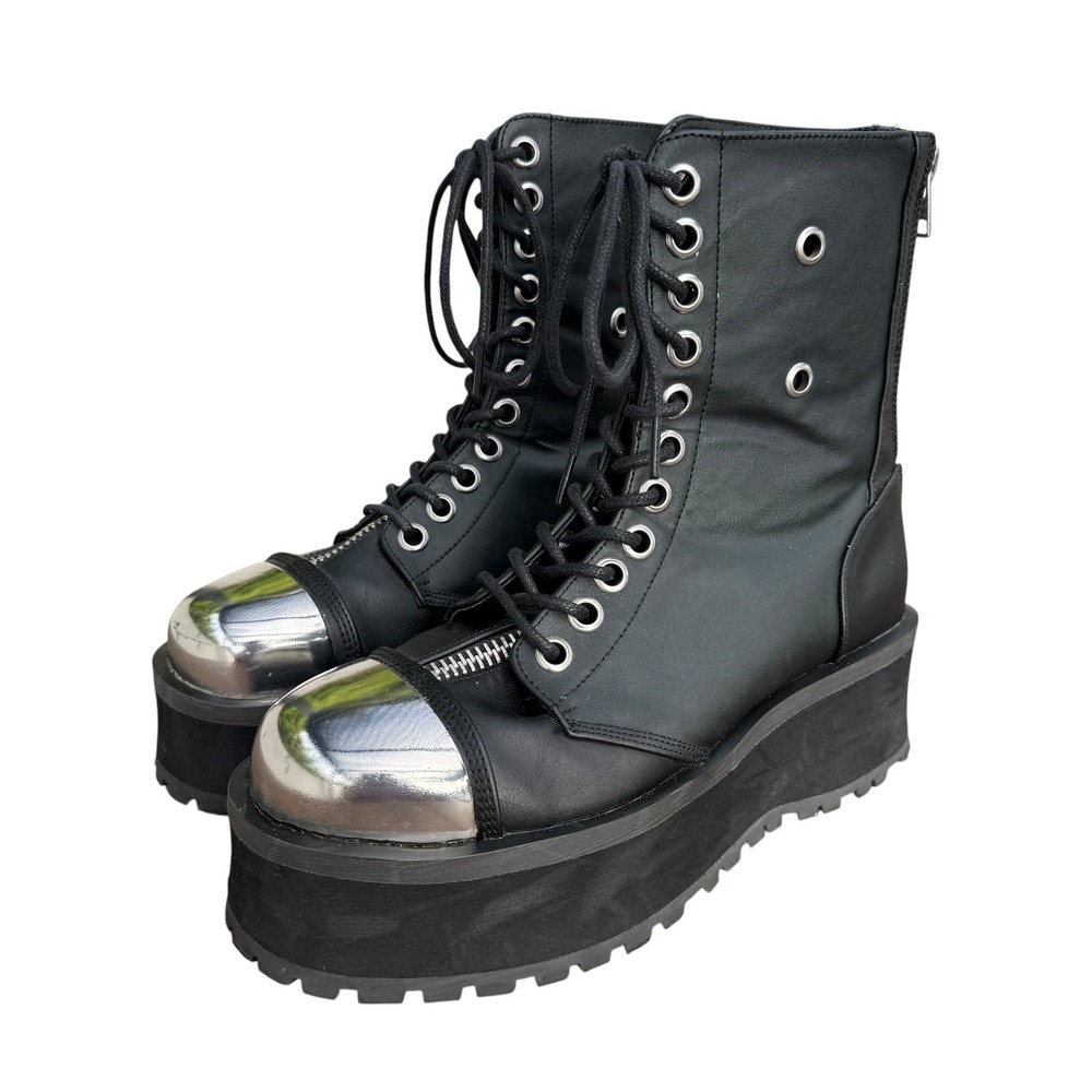 Demonia Gravedigger-10 Mens 10 Black Vegan Leather Metal Toe Platform Boots